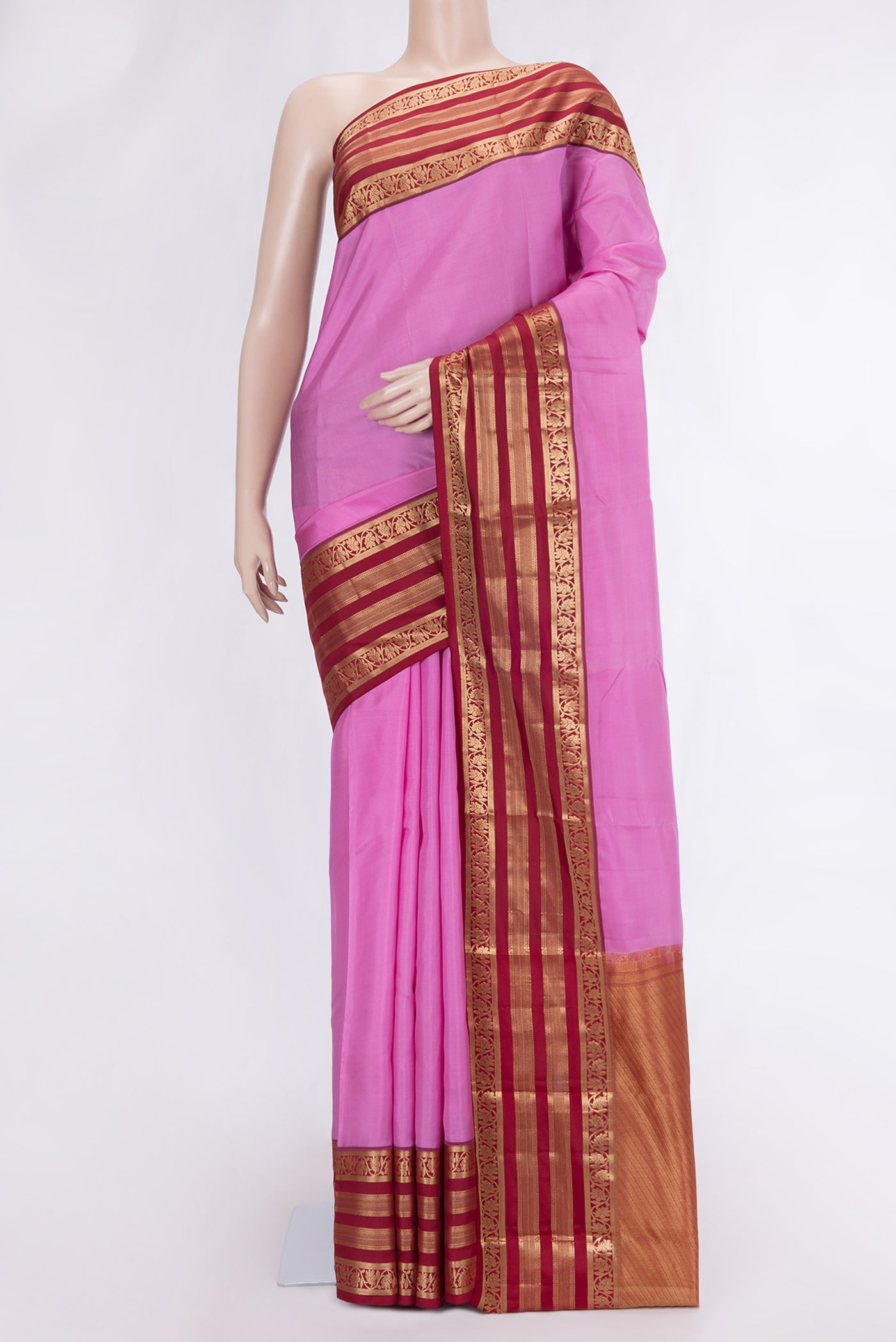 Pink Dual Tone Kanchipuram Silk Saree with Zari Butta on the body and Zari Border.  displayed on a mannequin