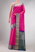 Pink Dual Tone Kanchipuram Silk Saree with Plain Body and Zari Border displayed on a mannequin