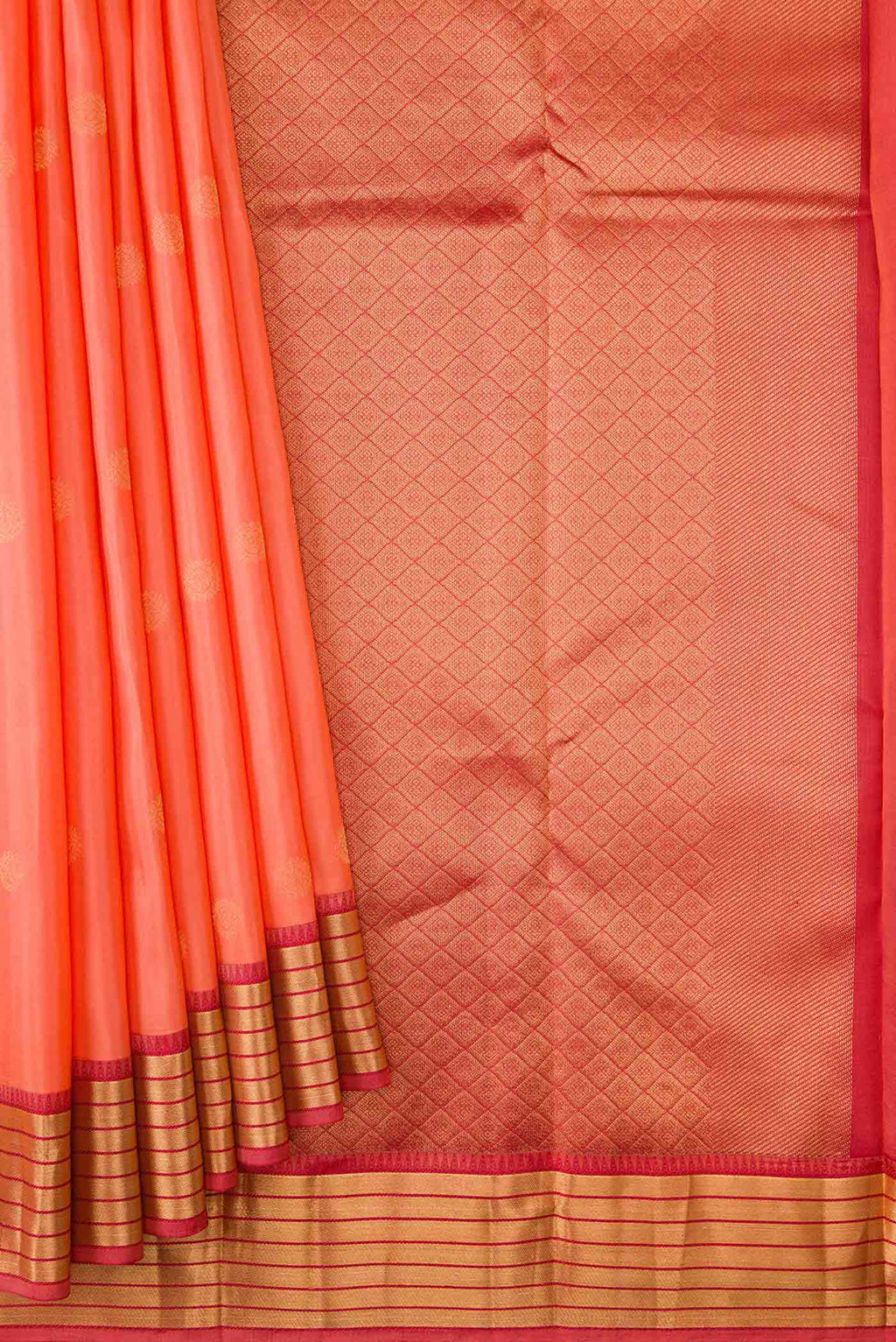 Pleats and pallu of Orange Kanchipuram Silk Saree with Zari Butta on the body and Zari Border
