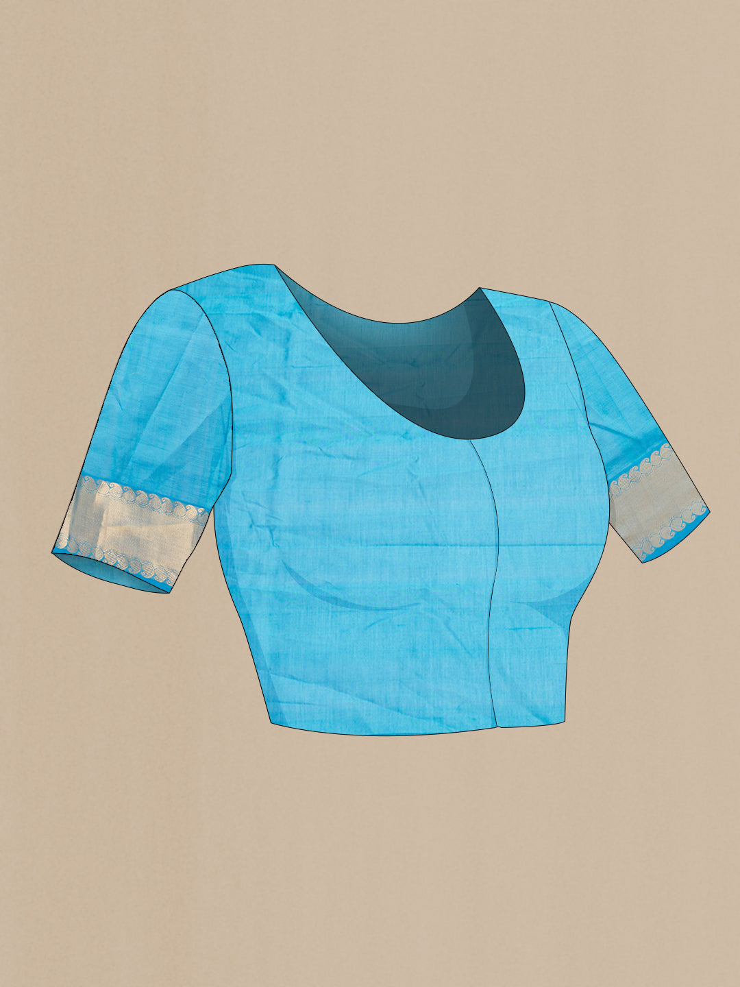 Close up image of the blouse of Sky Blue Silk Cotton Saree with Zari Butta on the body and Zari Border. 