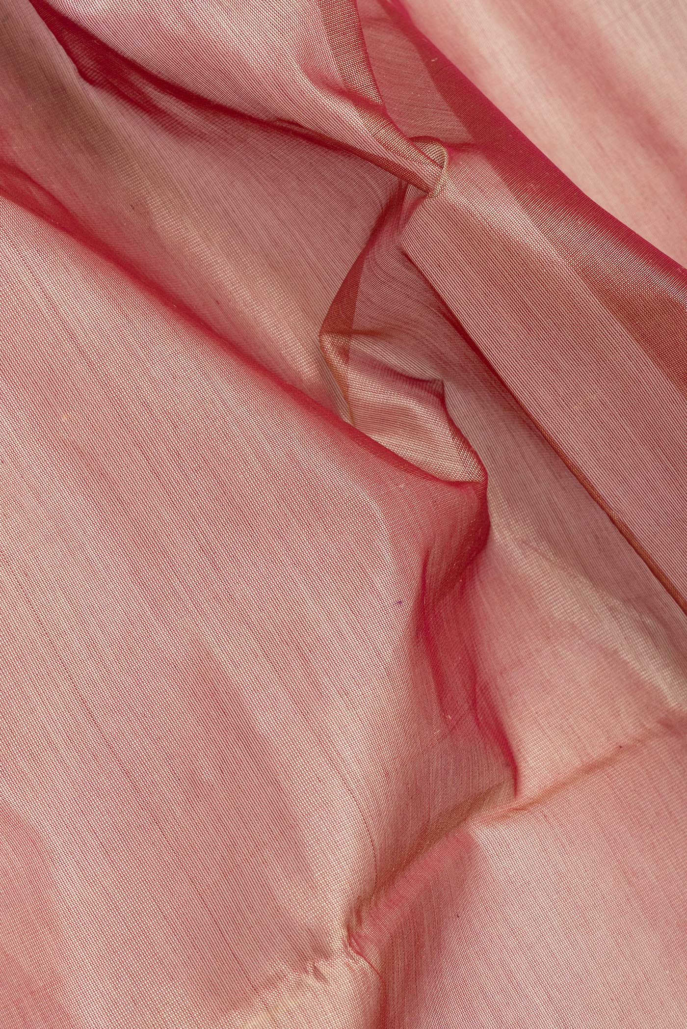 Close up of Golden Peach Silk Cotton Saree with Plain Body and Zari Border.  displaying folds