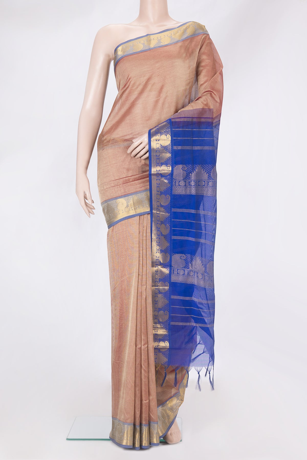 Golden Peach Silk Cotton Saree with Plain Body and Zari Border.  displayed on a mannequin