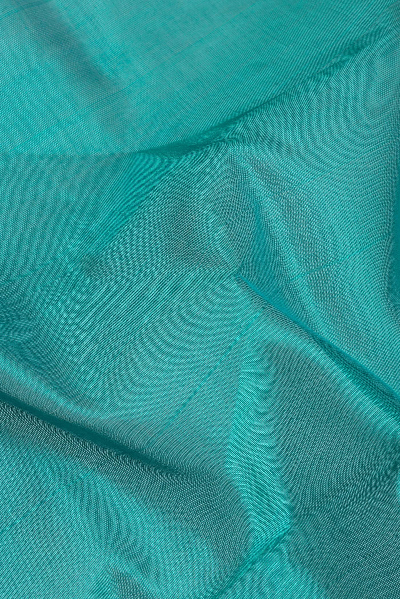 Close up of Sea Green Silk Cotton Saree with Plain Body and Zari Border.  displaying folds