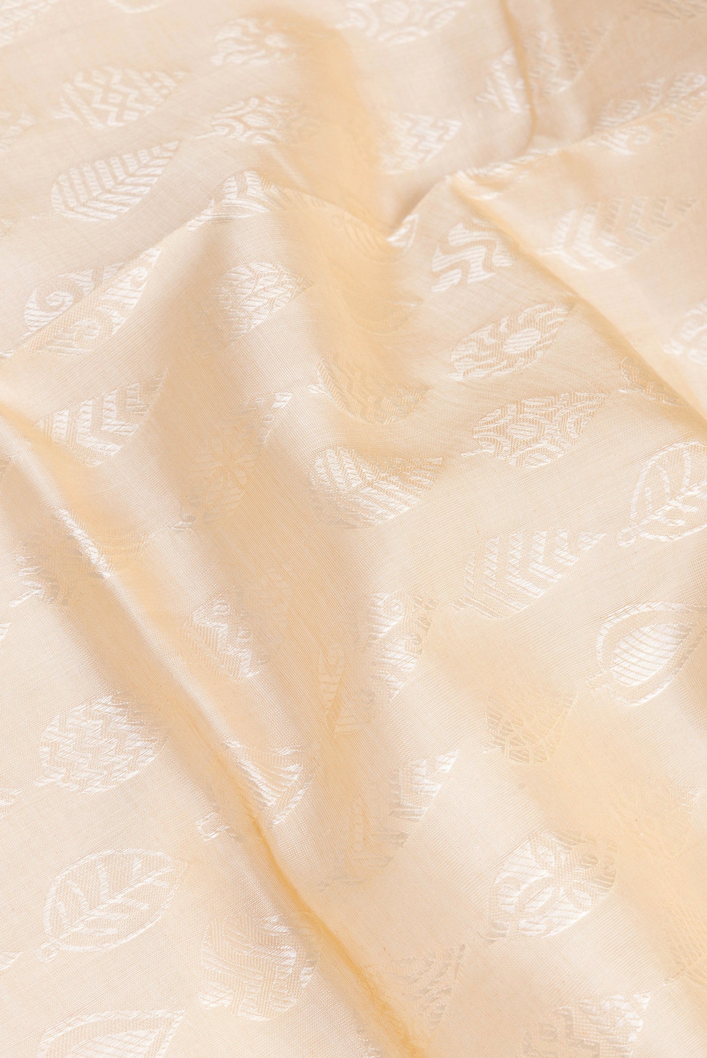 Close up of Beige Silk Cotton Saree with Jacquard design on the body and Zari Border.  displaying folds