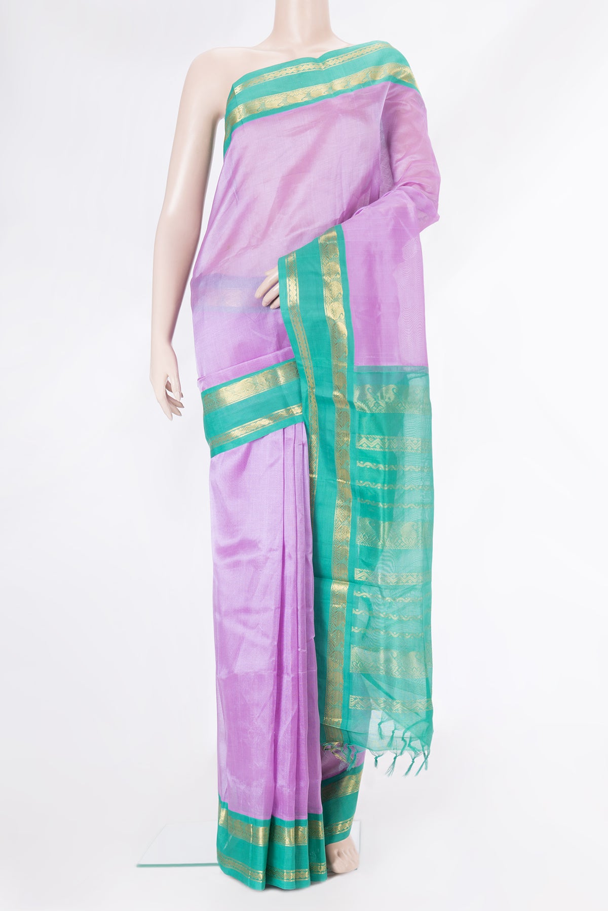 Lavender Silk Cotton Saree with Plain Body and Zari Border.  displayed on a mannequin