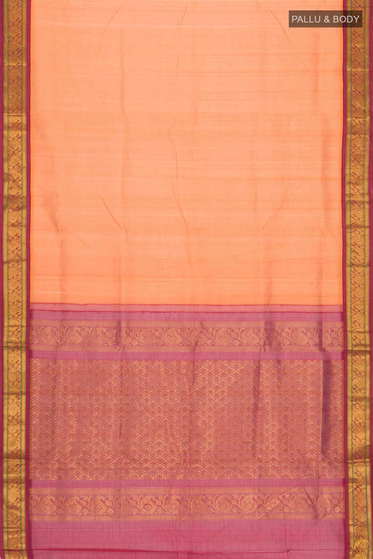Flat view of Orange Silk Cotton Saree with Plain Body and Zari Border