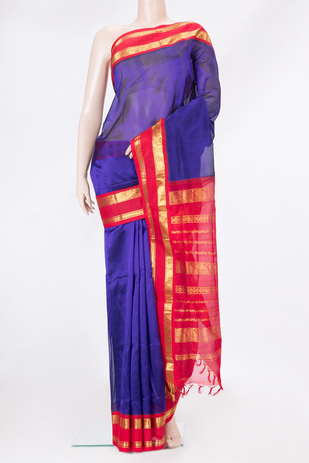 Royal Blue Silk Cotton Saree with Plain Body and Zari Border.  displayed on a mannequin