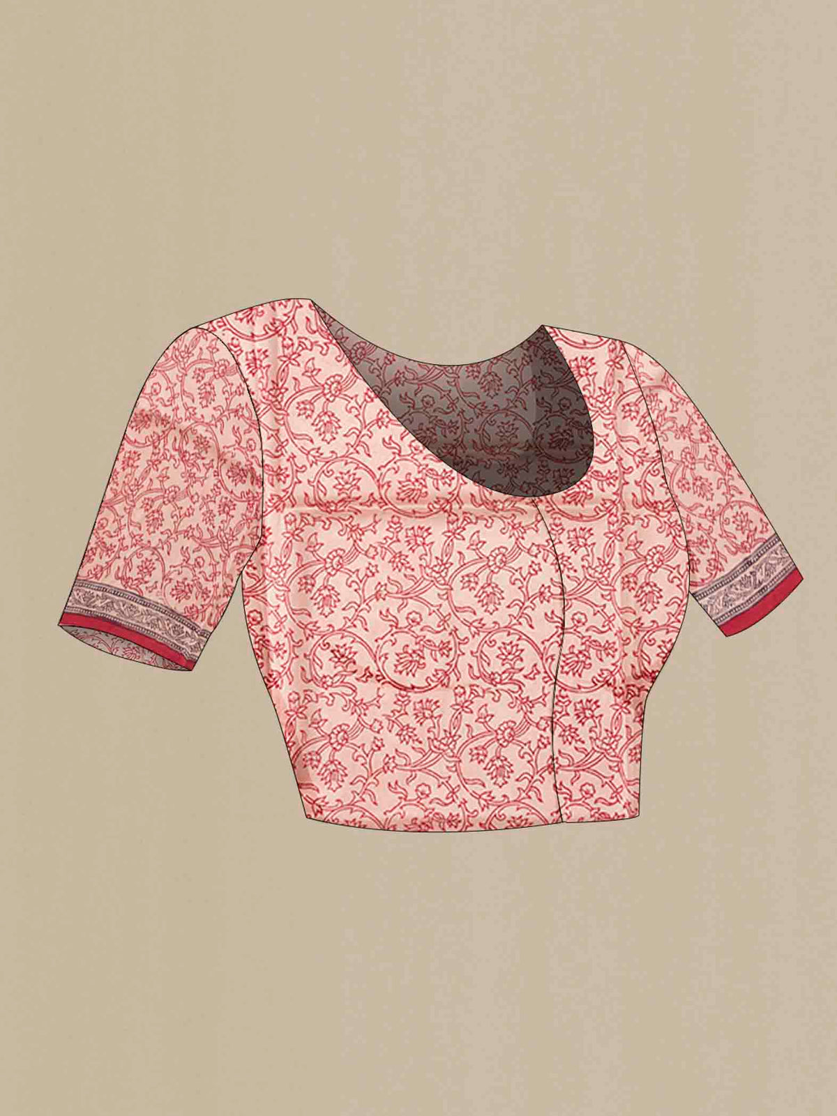 Close up image of the blouse of Rust Printed Silk Saree with Printed design on the body and Printed Border