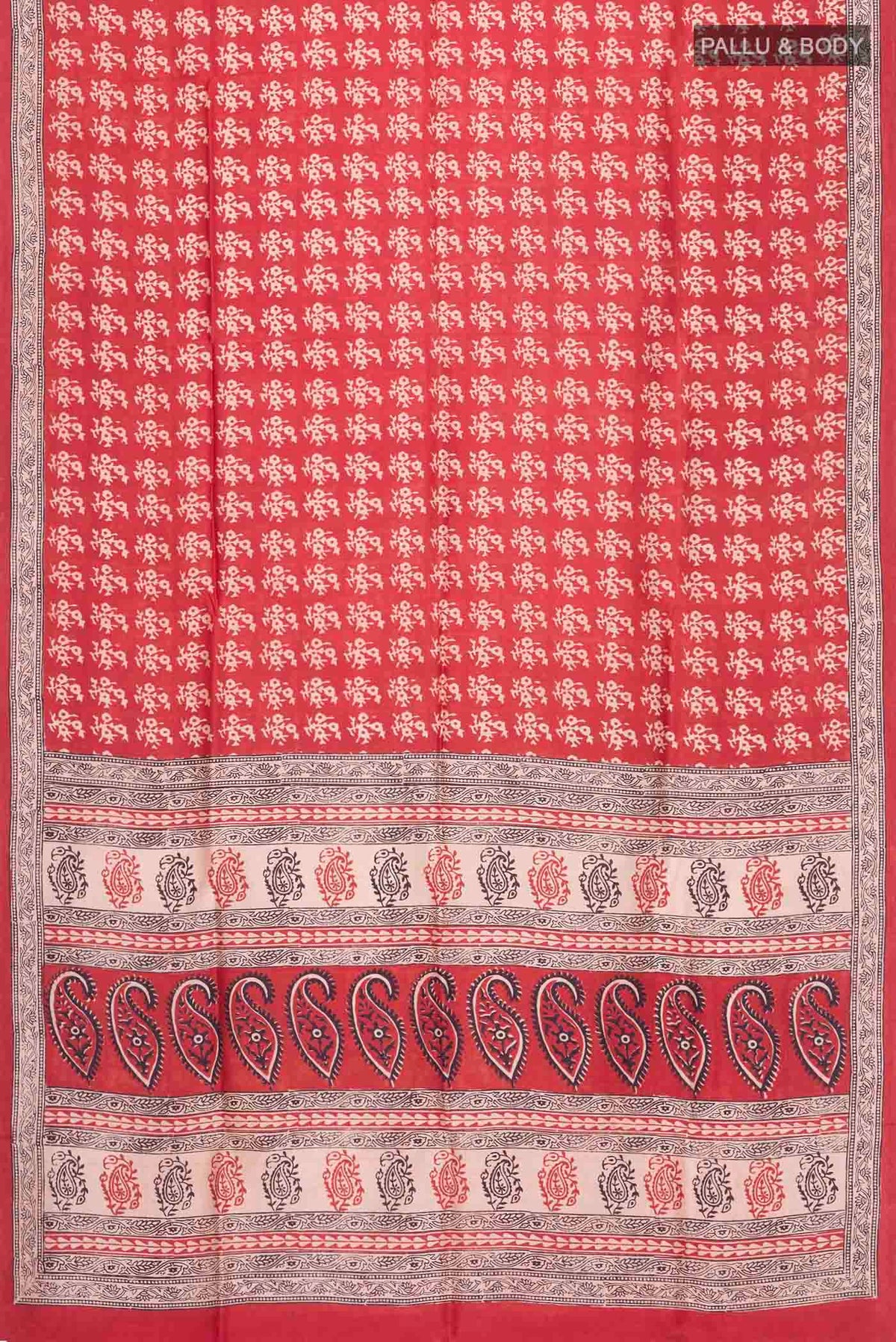 Flat view of Rust Printed Silk Saree with Printed design on the body and Printed Border