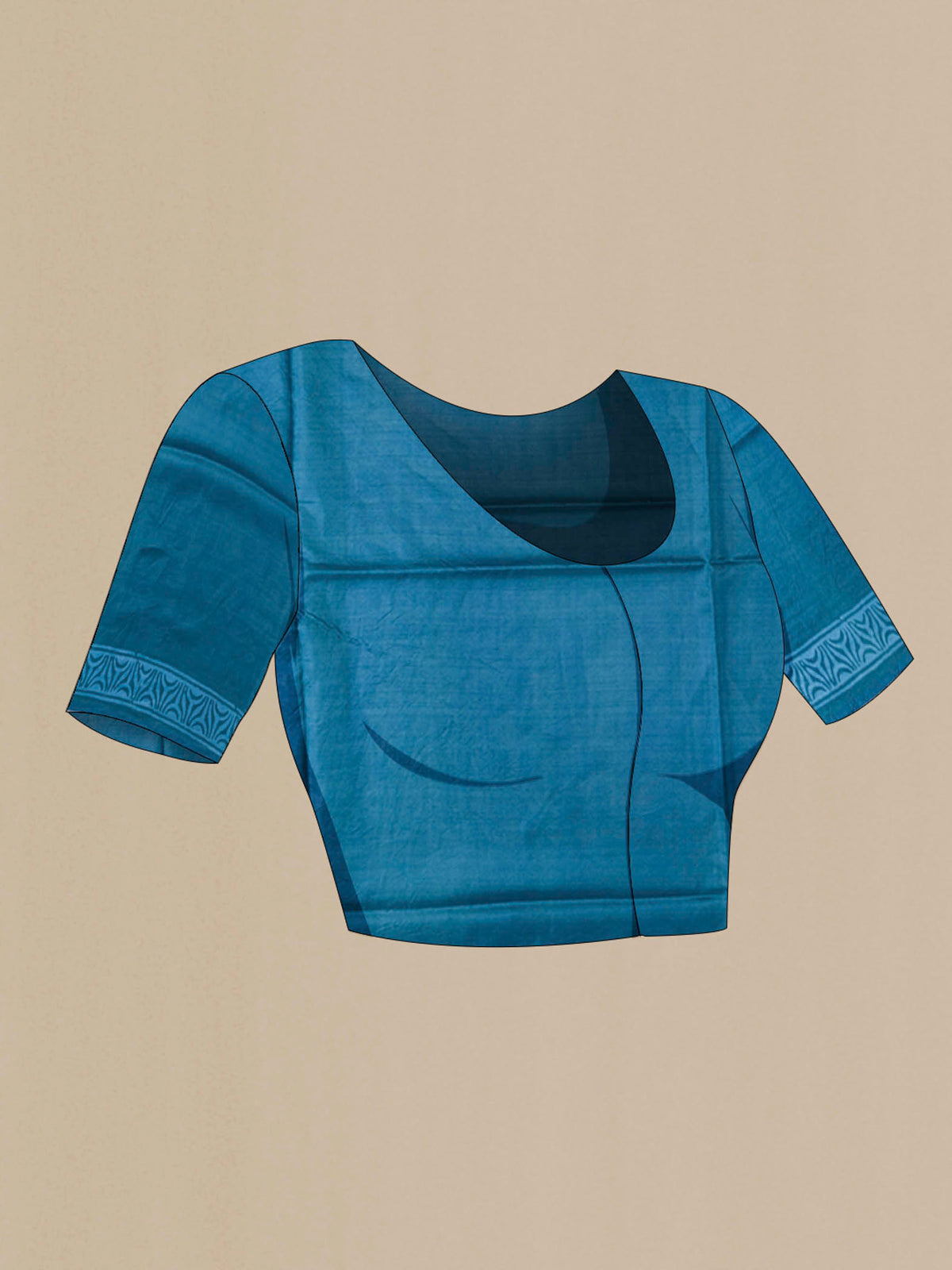 Close up image of the blouse of Blue Printed Silk Saree with Printed design on the body and Plain Border