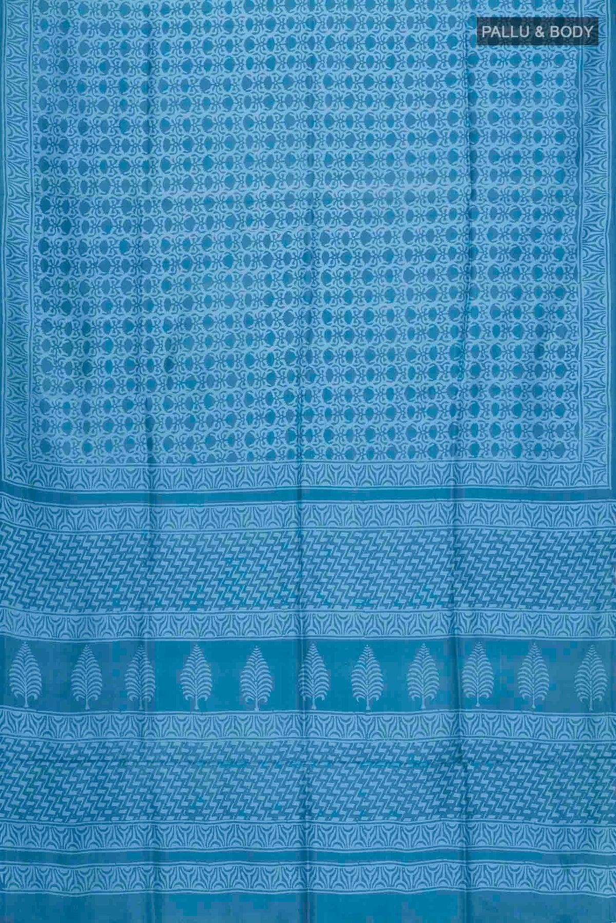 Flat view of Blue Printed Silk Saree with Printed design on the body and Plain Border