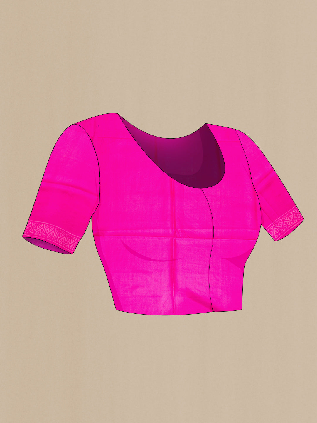 Close up image of the blouse of Pink Printed Silk Saree with Printed design on the body and Printed Border. 