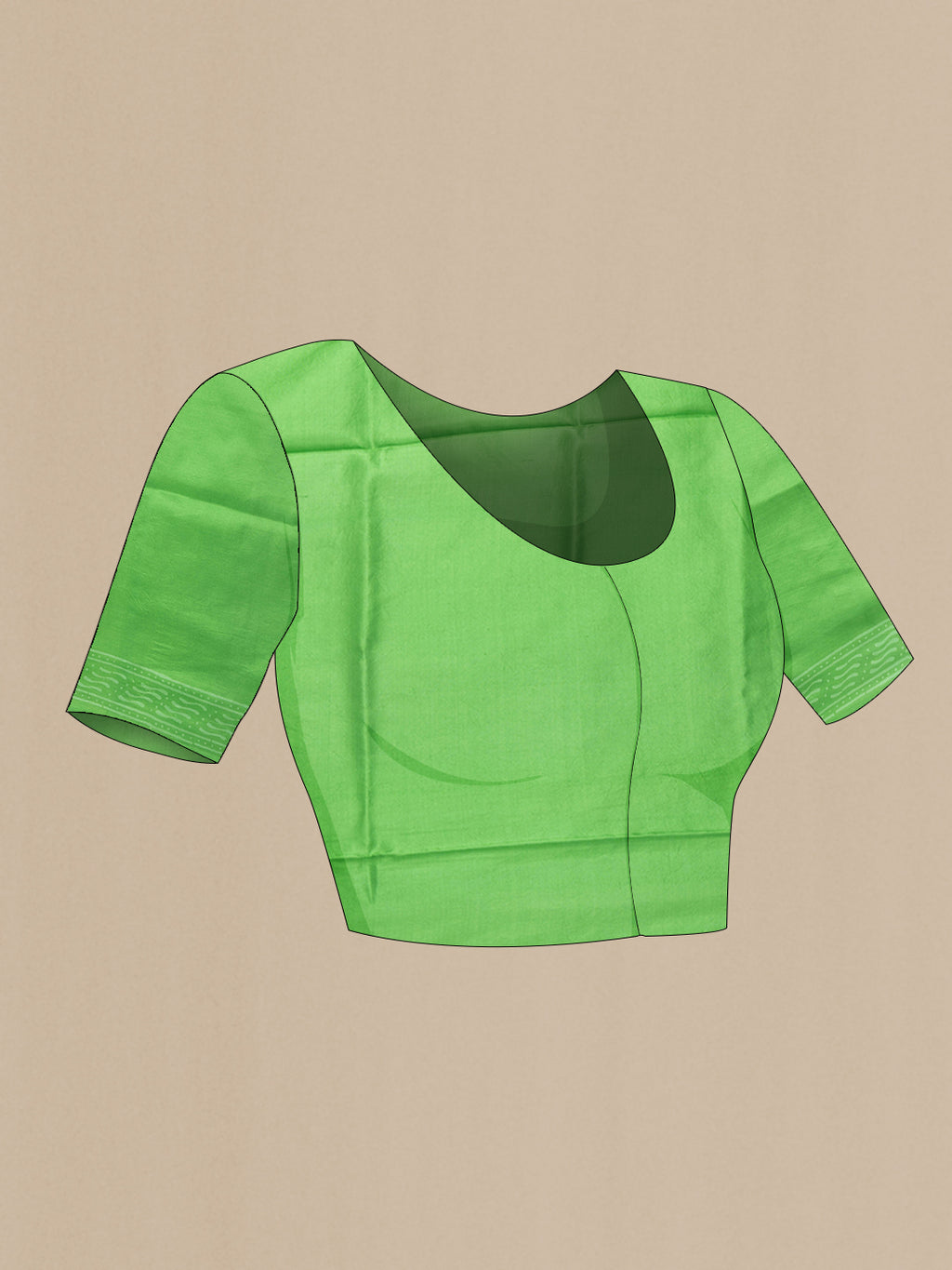 Close up image of the blouse of Green Dual Tone Printed Silk Saree with Printed design on the body and Printed Border. 