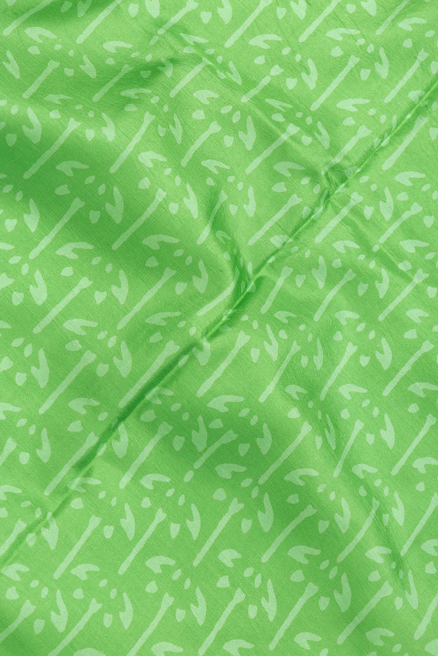 Close up of Green Dual Tone Printed Silk Saree with Printed design on the body and Printed Border.  displaying folds