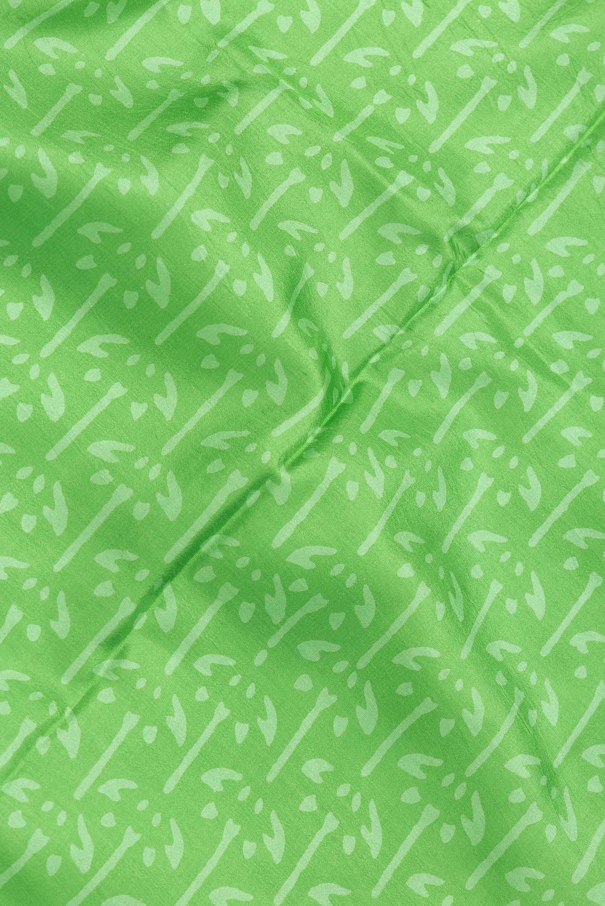 Close up of Green Dual Tone Printed Silk Saree with Printed design on the body and Printed Border.  displaying folds