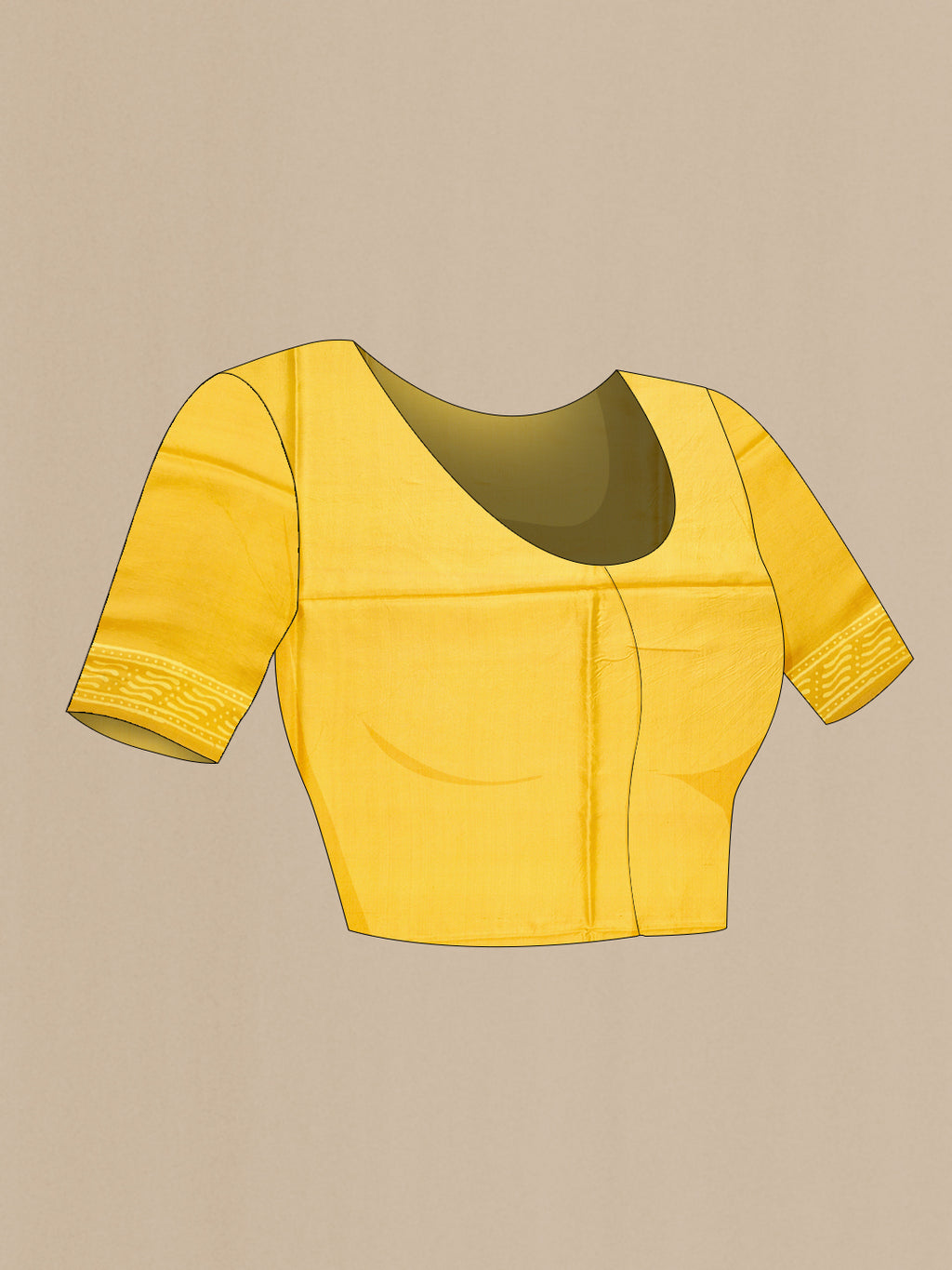 Close up image of the blouse of Yellow Printed Silk Saree with Printed design on the body and Printed Border. 