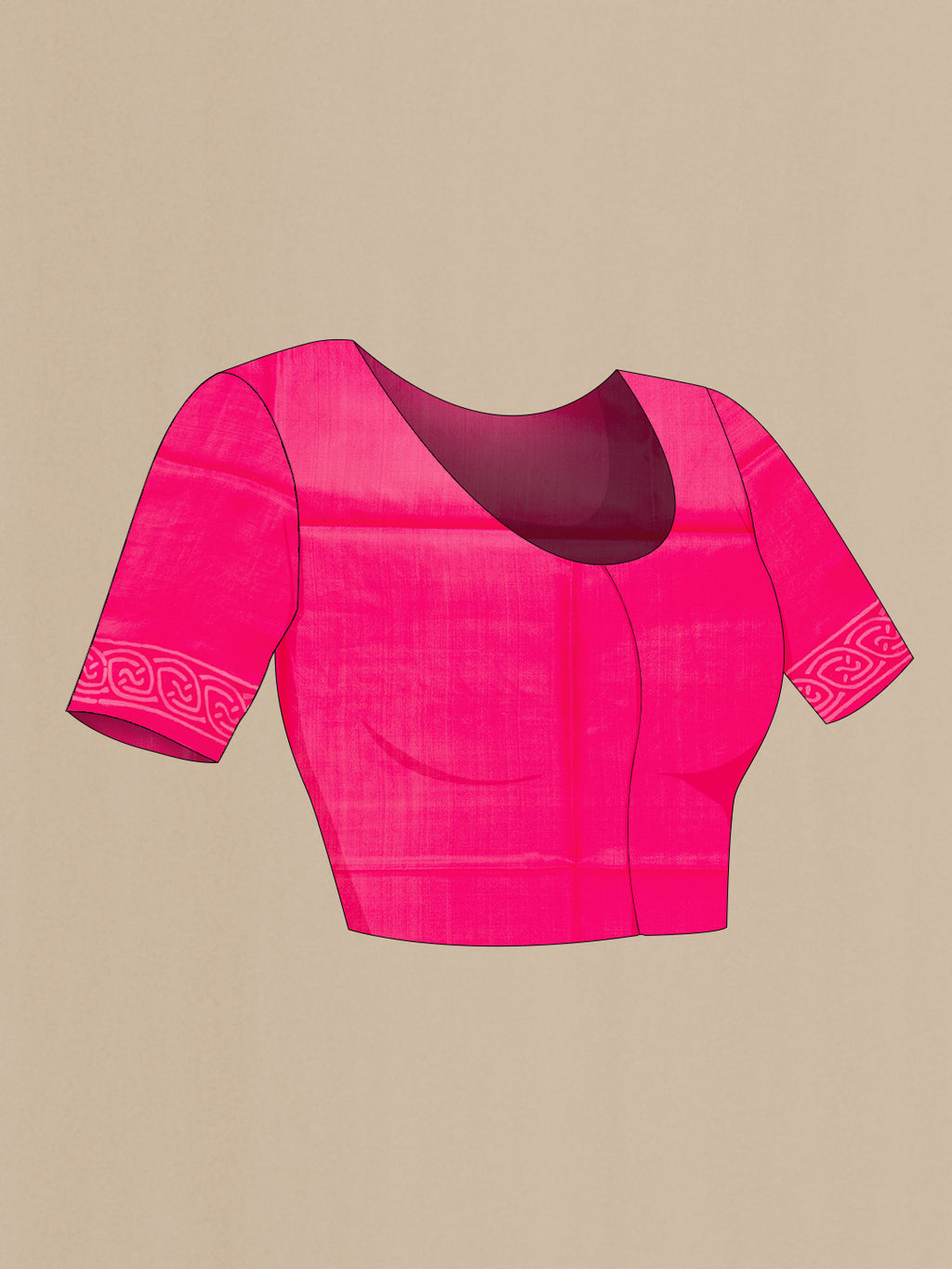 Close up image of the blouse of Pink Printed Silk Saree with Printed design on the body and Printed Border. 