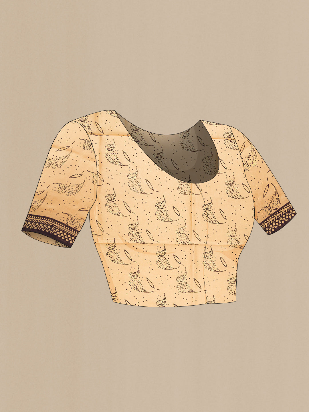 Close up image of the blouse of Beige Printed Silk Saree with Printed design on the body and Printed Border. 