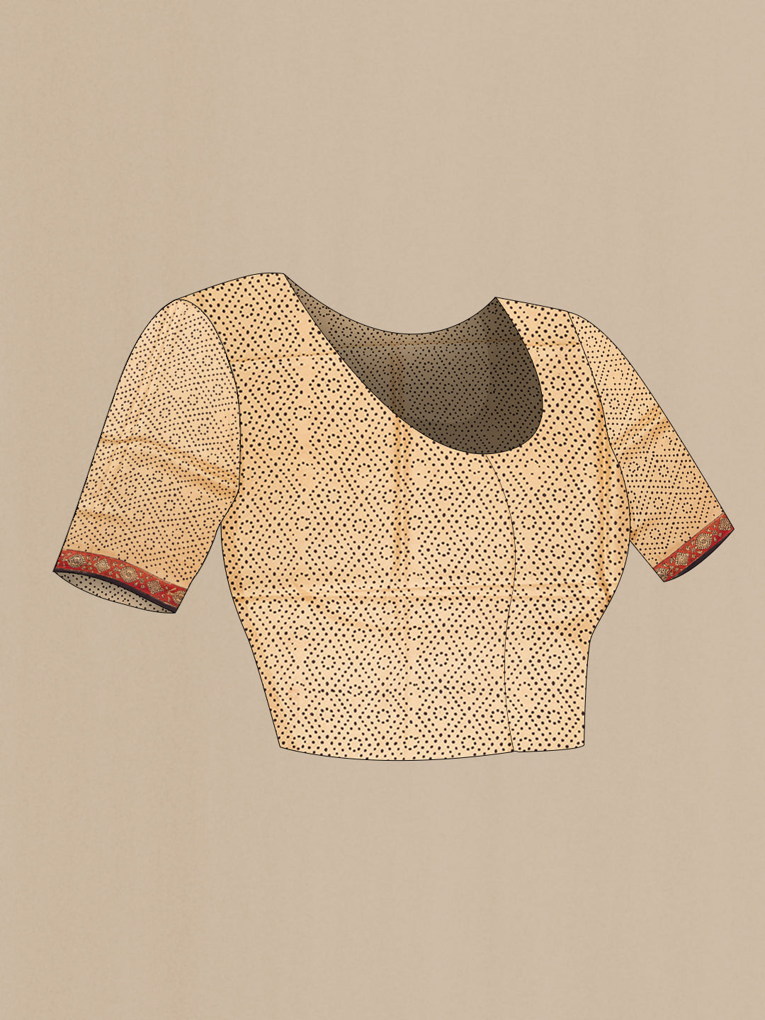 Close up image of the blouse of Beige Printed Silk Saree with Printed design on the body and Printed Border. 