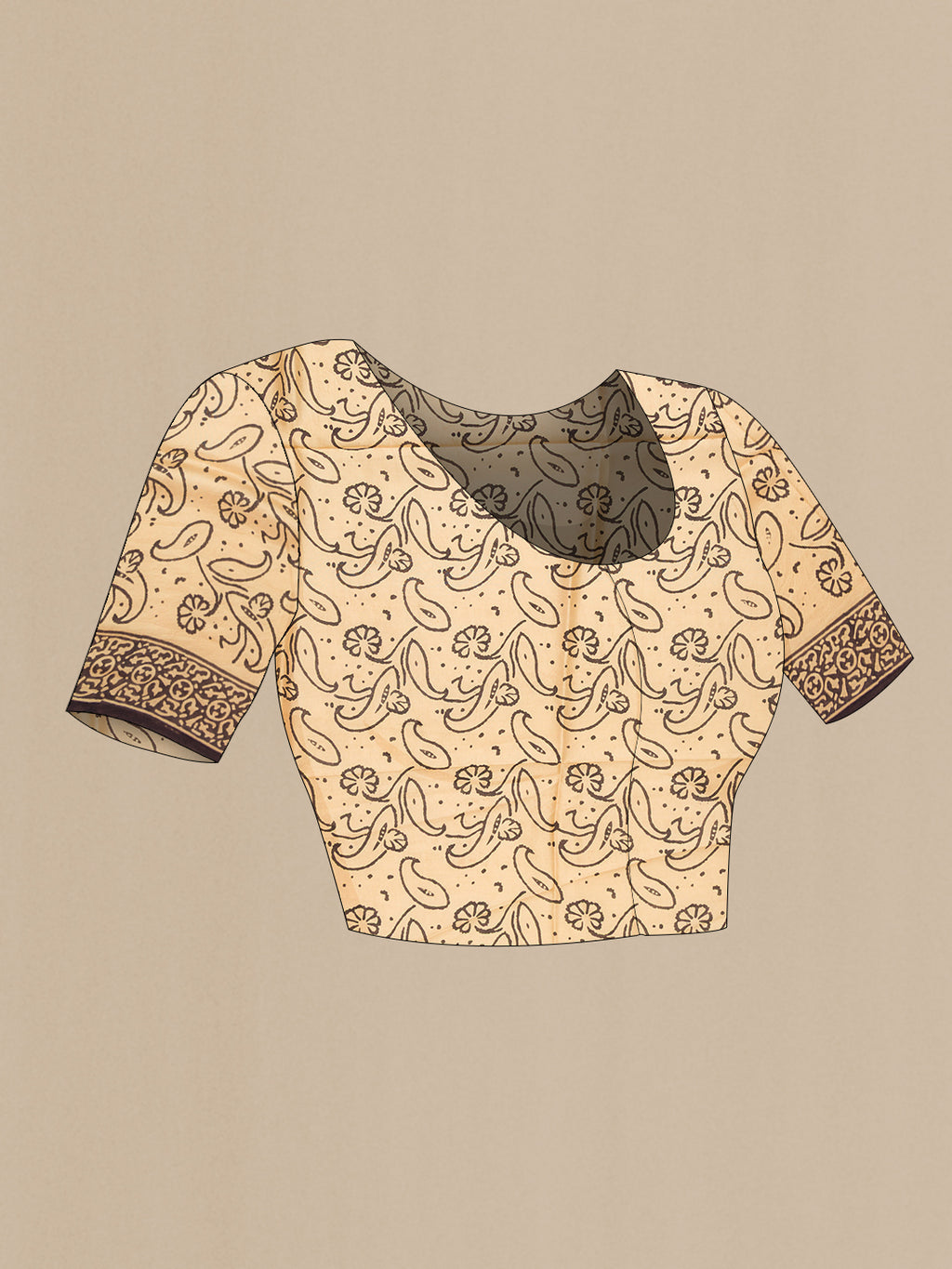 Close up image of the blouse of Rust Printed Silk Saree with Printed design on the body and Printed Border. 