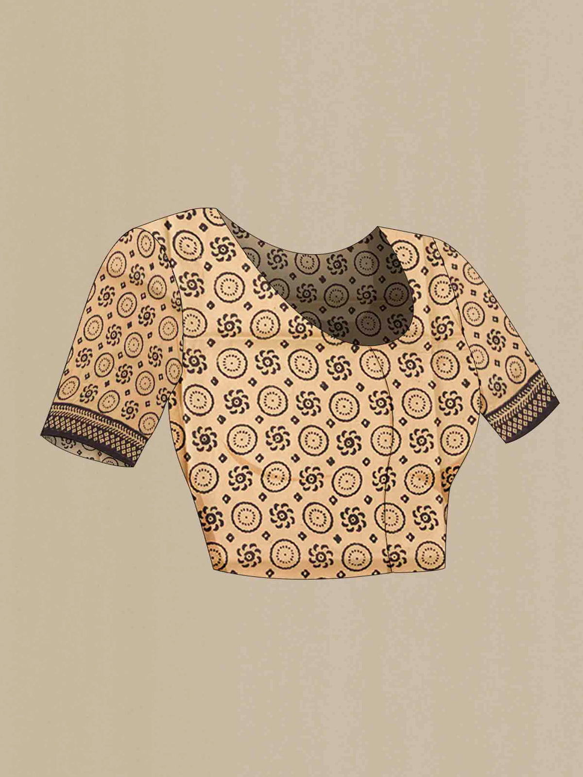Close up image of the blouse of Beige Printed Silk Saree with Printed design on the body and Printed Border