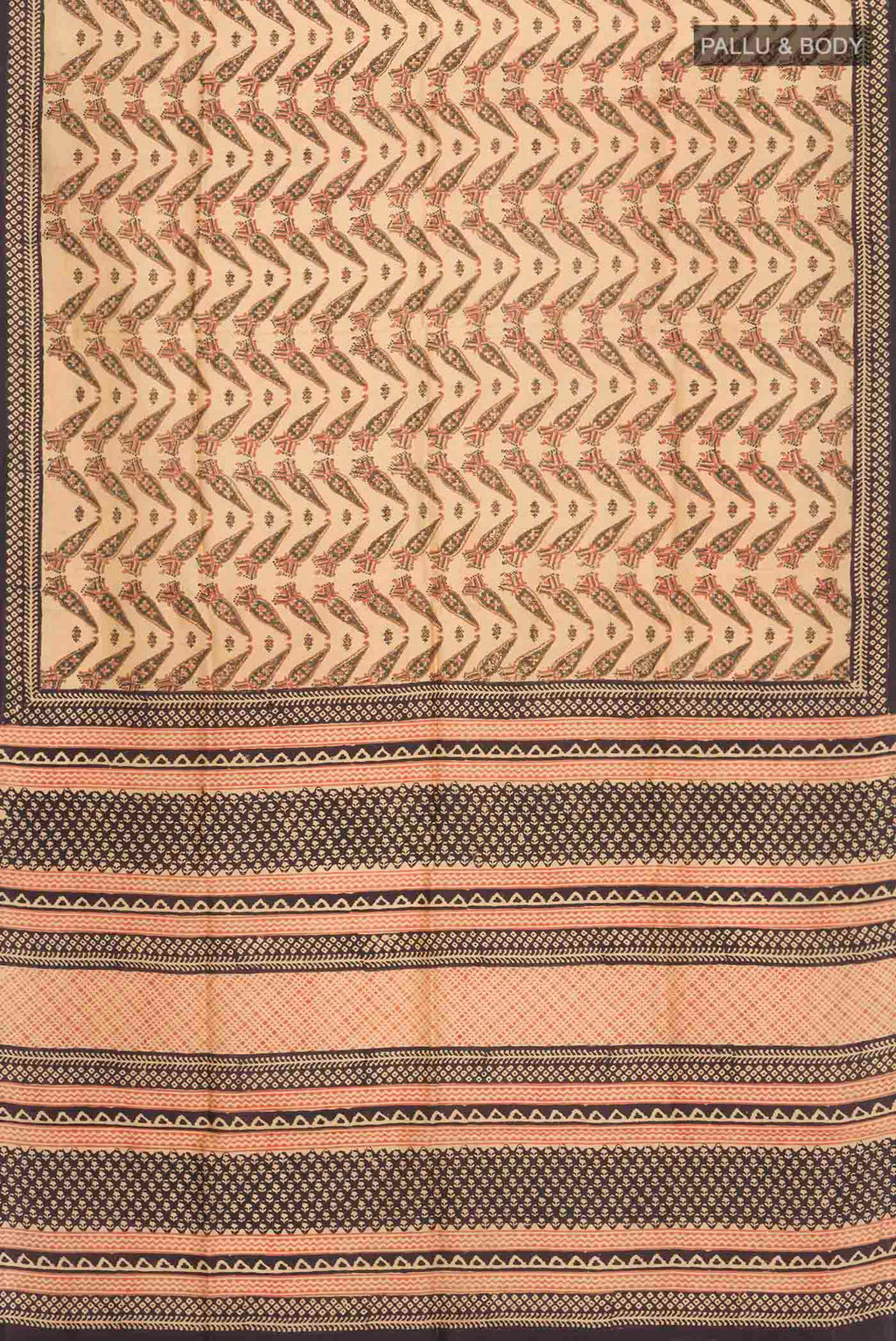 Flat view of Beige Printed Silk Saree with Printed design on the body and Printed Border