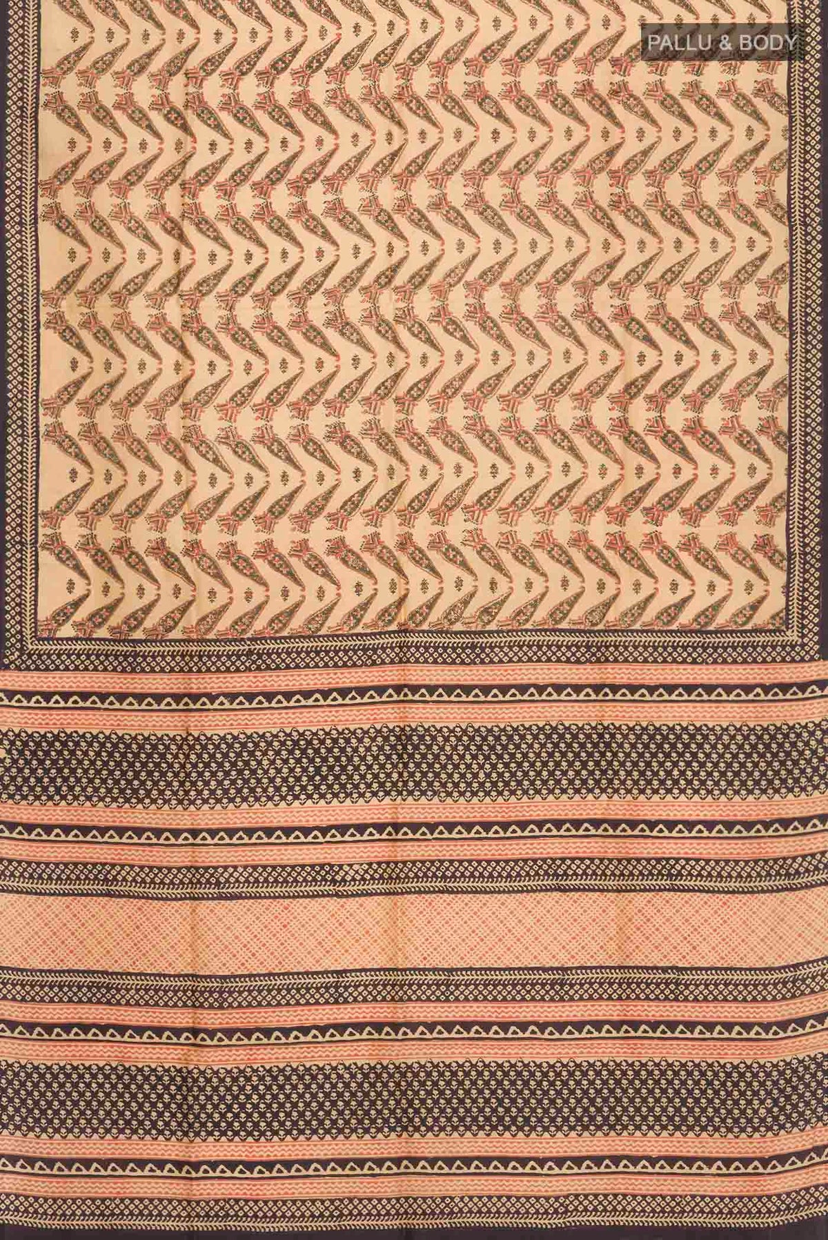 Flat view of Beige Printed Silk Saree with Printed design on the body and Printed Border