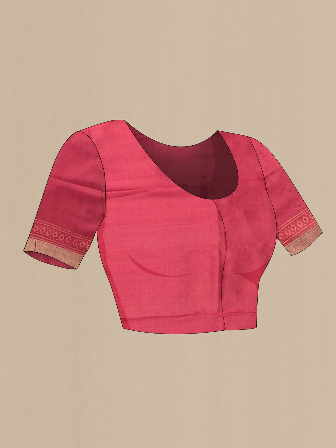 Close up image of the blouse of Red Dual Tone Printed Silk Saree with Printed design on the body and Zari Border. 