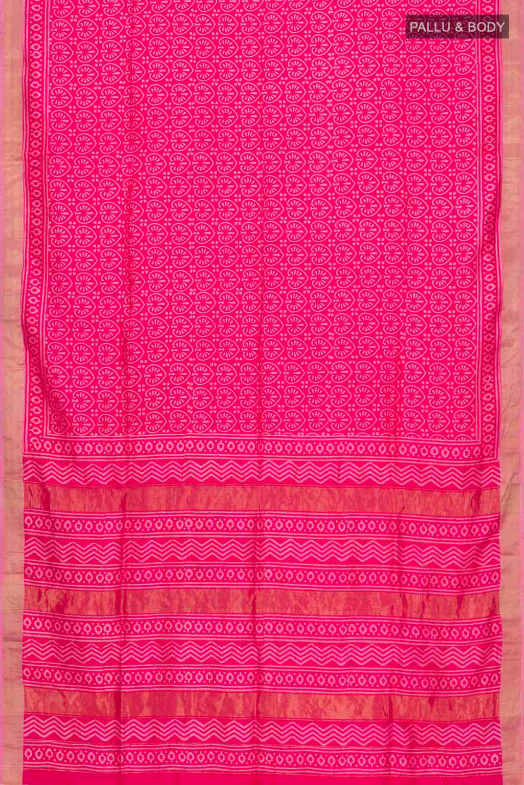Flat view of Pink Printed Silk Saree with Printed design on the body and Zari Border