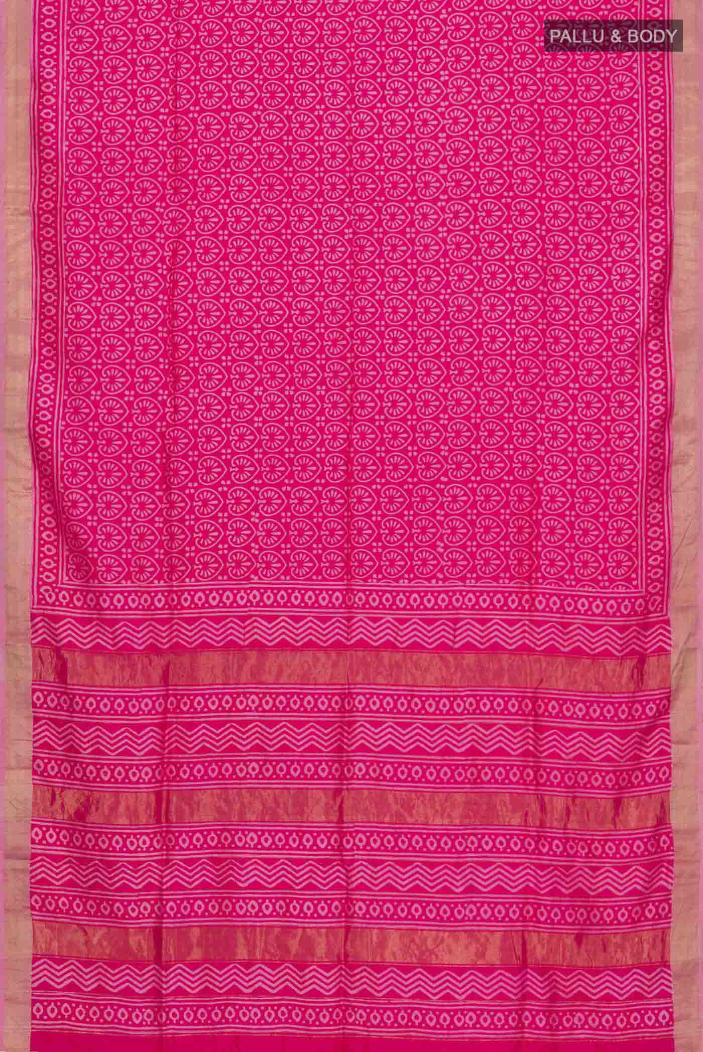 Flat view of Pink Printed Silk Saree with Printed design on the body and Zari Border