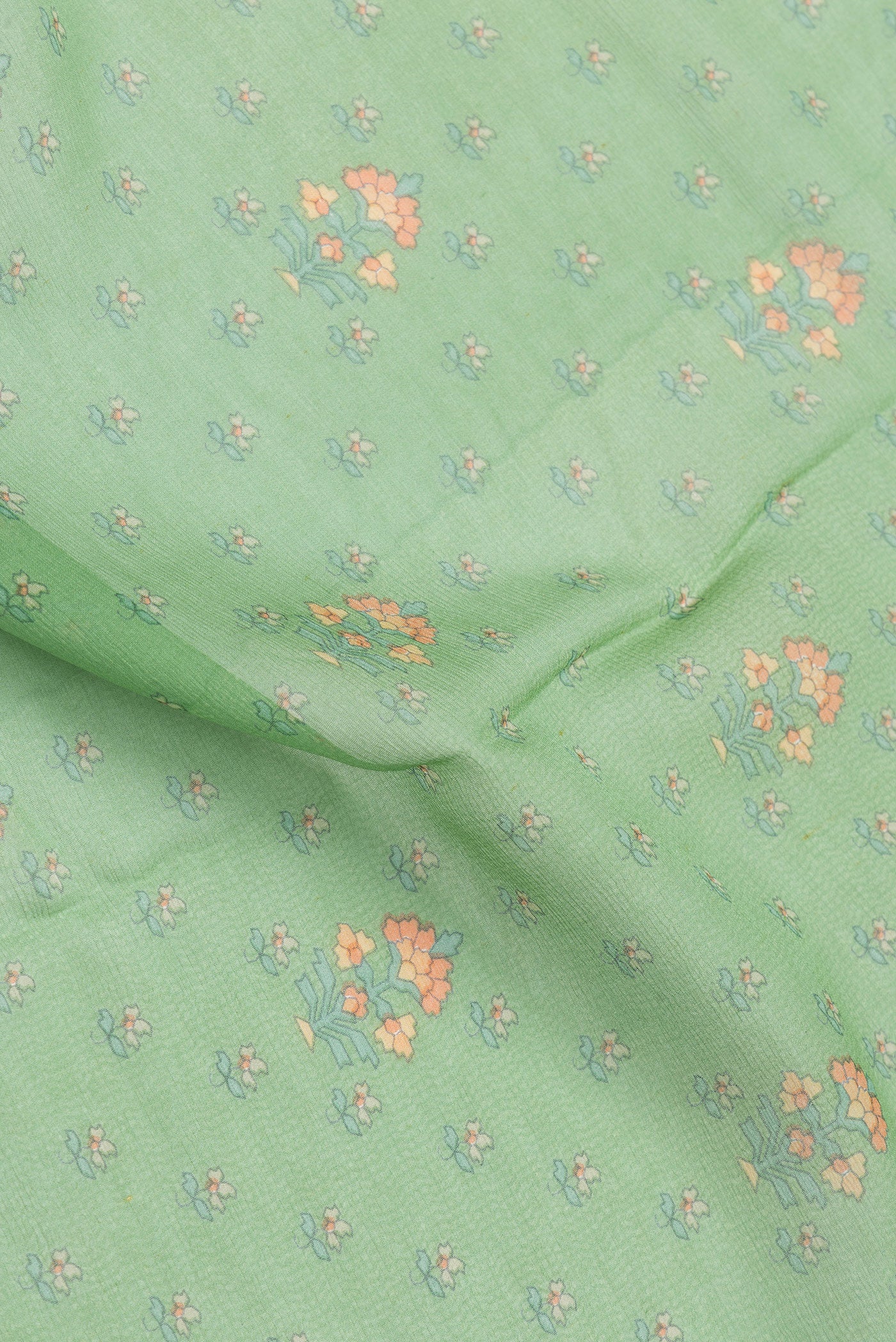 Close up of Green Dual Tone Mysore Chiffon Saree with Printed design on the body and Zari Border.  displaying folds