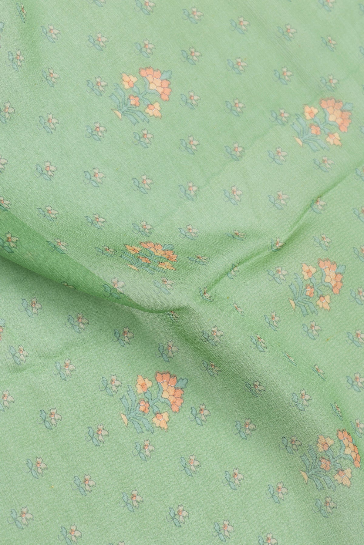 Close up of Green Dual Tone Mysore Chiffon Saree with Printed design on the body and Zari Border.  displaying folds