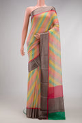 Multi Color Mysore Chiffon Saree with Printed design on the body and Thread Border.  displayed on a mannequin