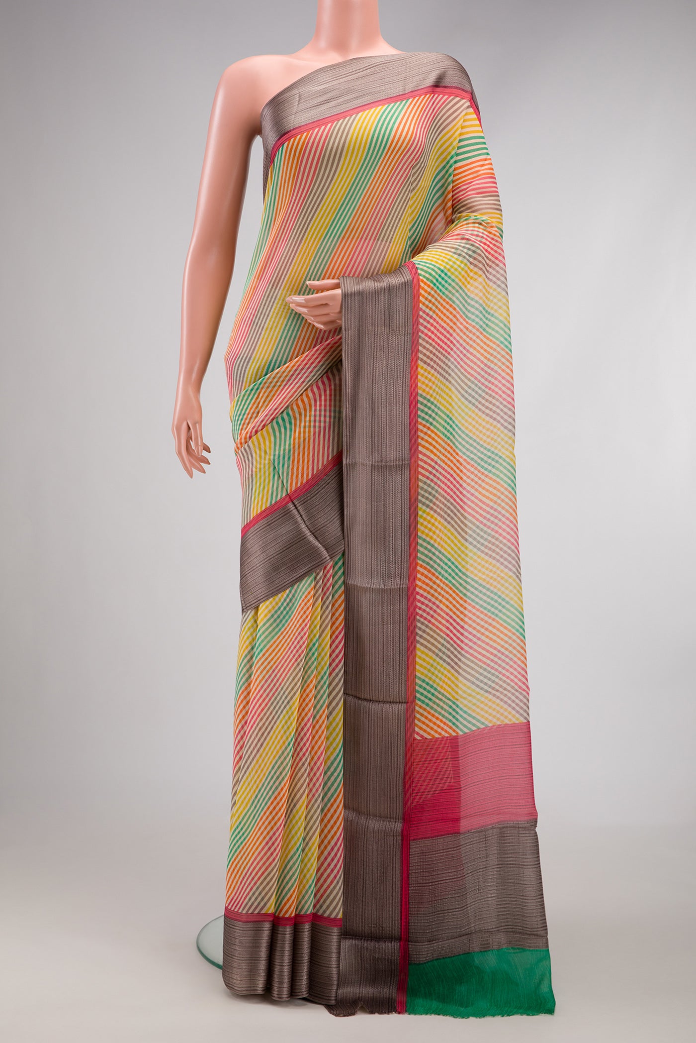 Multi Color Mysore Chiffon Saree with Printed design on the body and Thread Border.  displayed on a mannequin
