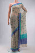 Grey Mysore Chiffon Saree with Printed design on the body and Thread Border displayed on a mannequin