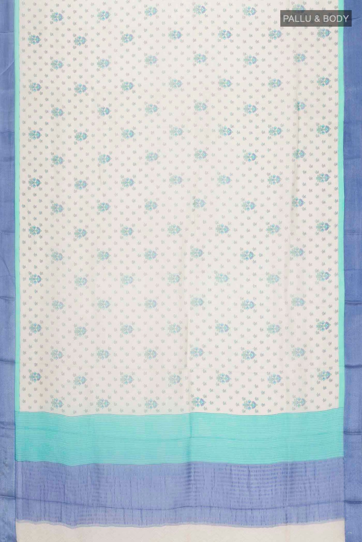Flat view of Grey Mysore Chiffon Saree with Printed design on the body and Thread Border