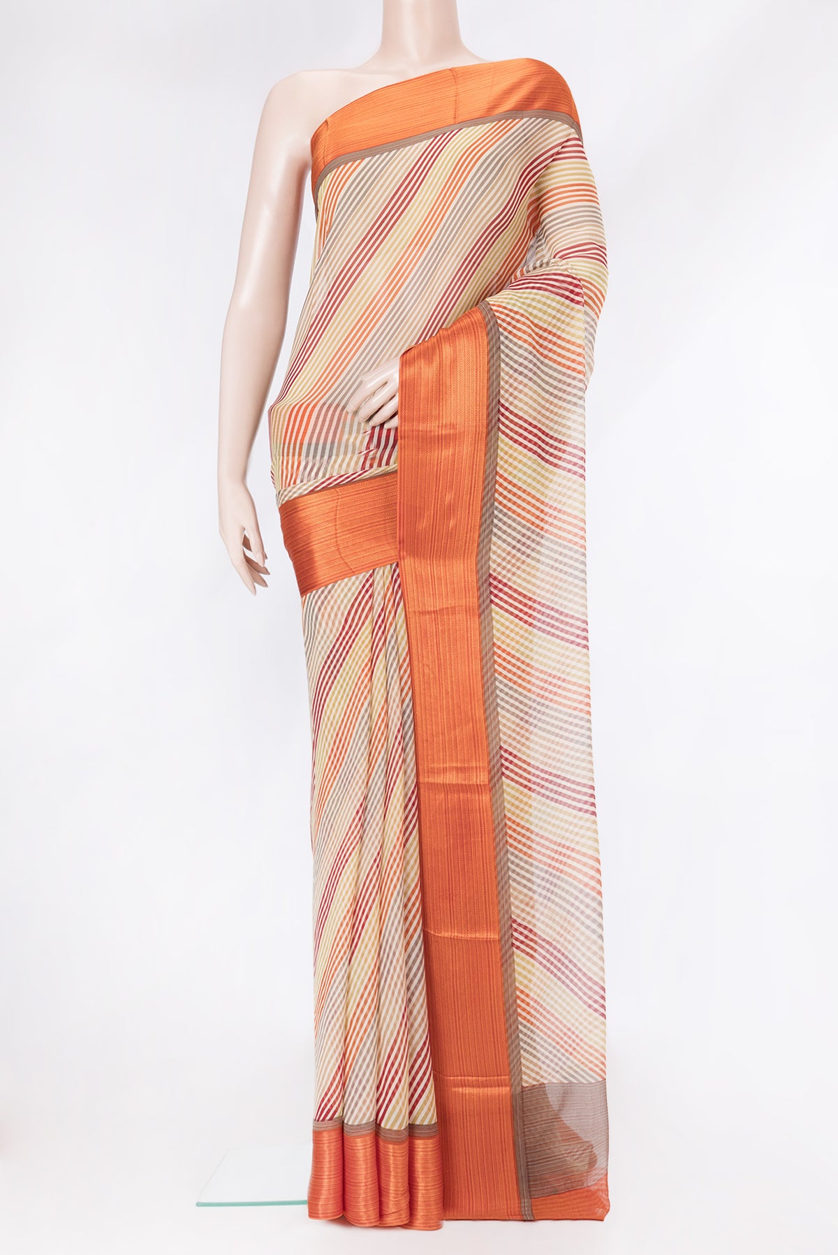 Sandal Dual Tone Mysore Chiffon Saree with Printed design on the body and Thread Border.  displayed on a mannequin