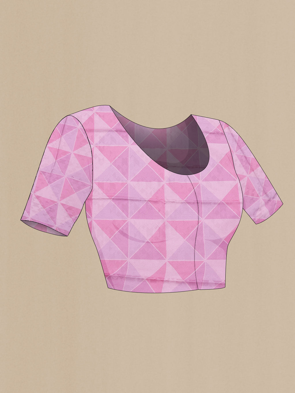Close up image of the blouse of Pink Dual Tone Mysore Chiffon Saree with Printed design on the body and Printed Border. 