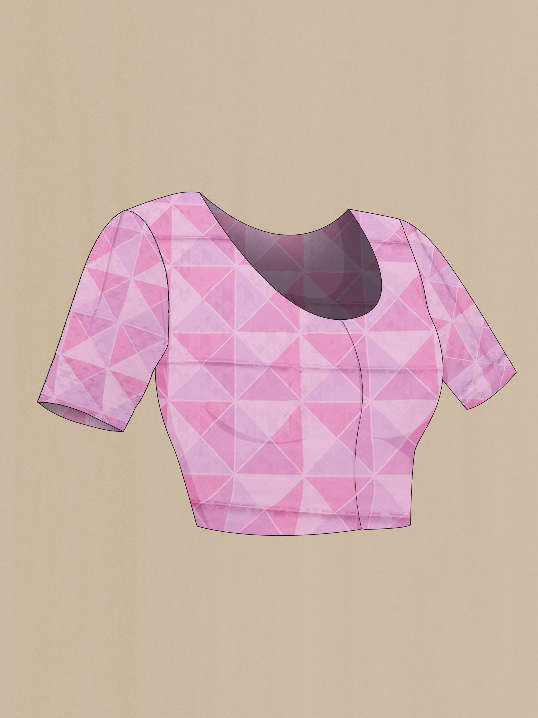 Close up image of the blouse of Pink Dual Tone Mysore Chiffon Saree with Printed design on the body and Printed Border. 