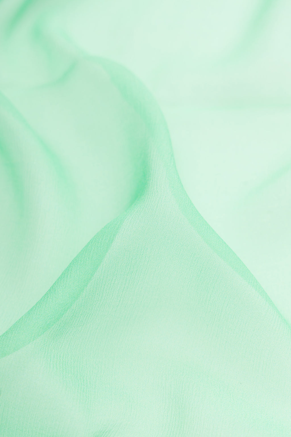 Close up of Sea Green Mysore Chiffon Saree with Plain Body and Thread Border.  displaying folds