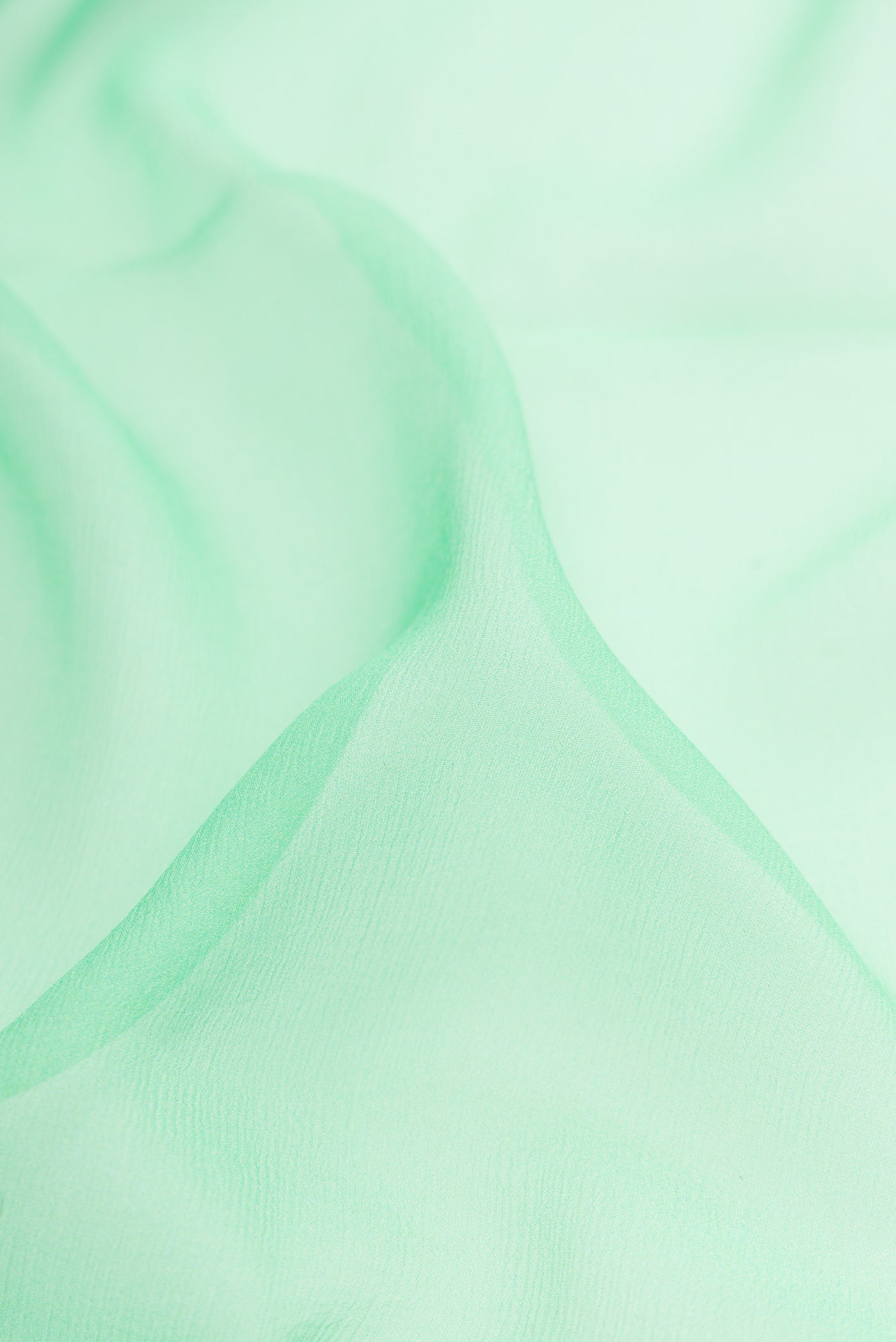 Close up of Sea Green Mysore Chiffon Saree with Plain Body and Thread Border.  displaying folds