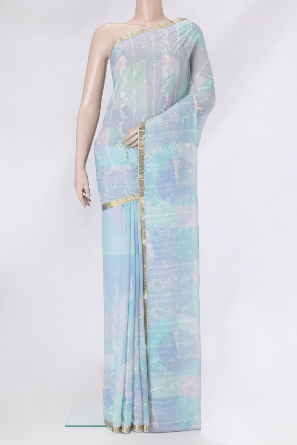 Multi Color Mysore Chiffon Saree with Embroidery on the body and Zari Border.  displayed on a mannequin