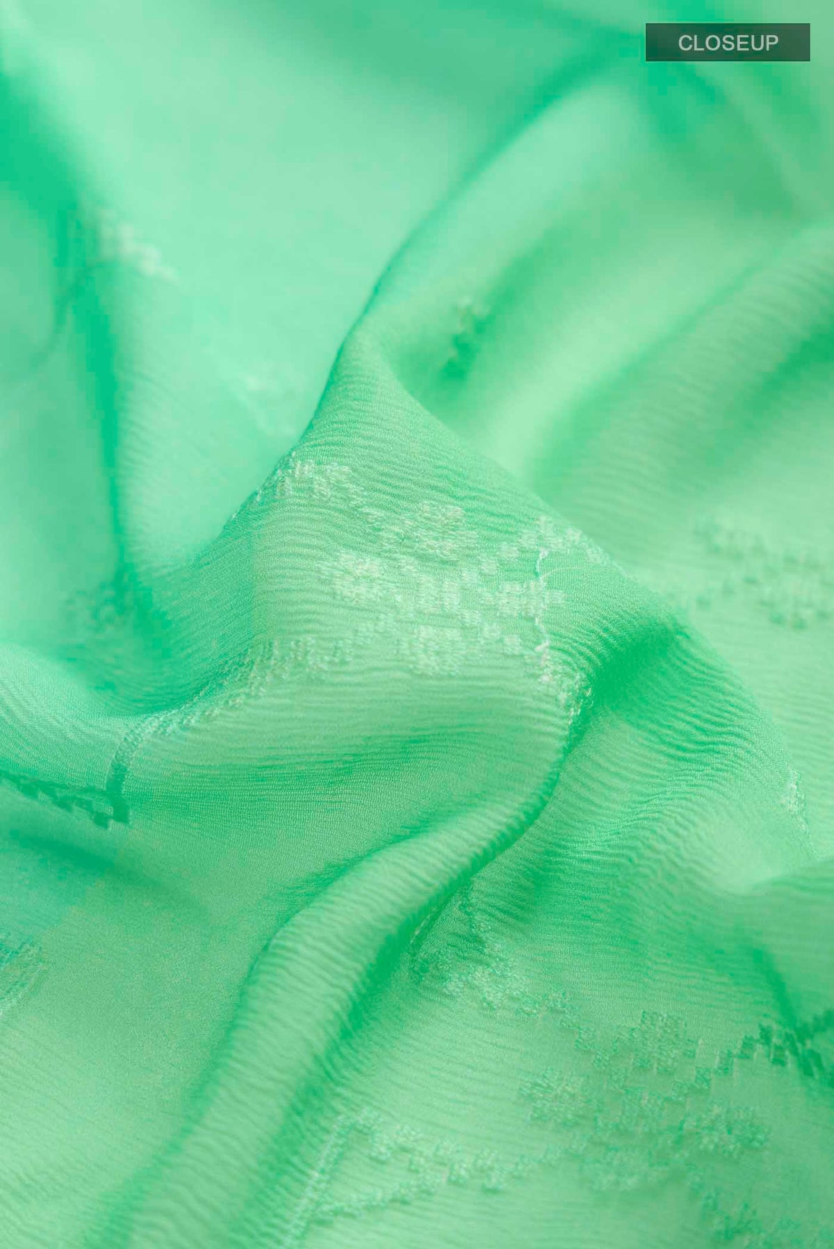 Close up of Green Mysore Chiffon Saree with Embroidery on the body and Zari Border displaying folds