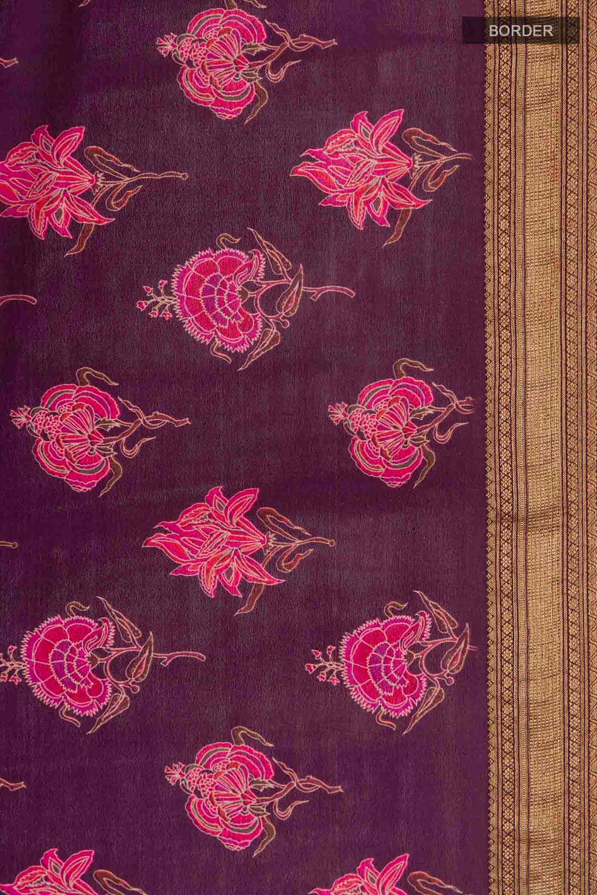 Border image of Purple Mysore Crepe Saree with Printed design on the body and Zari Border