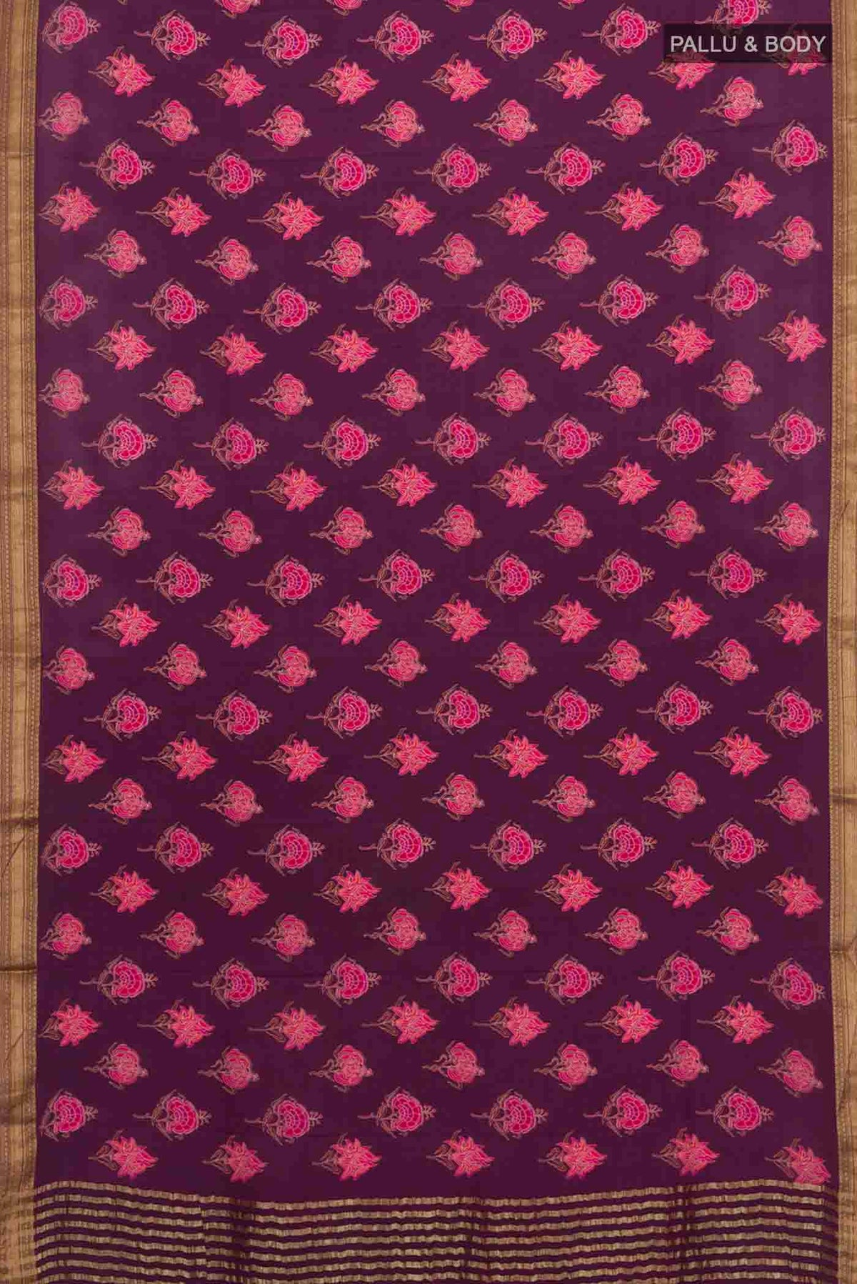 Flat view of Purple Mysore Crepe Saree with Printed design on the body and Zari Border