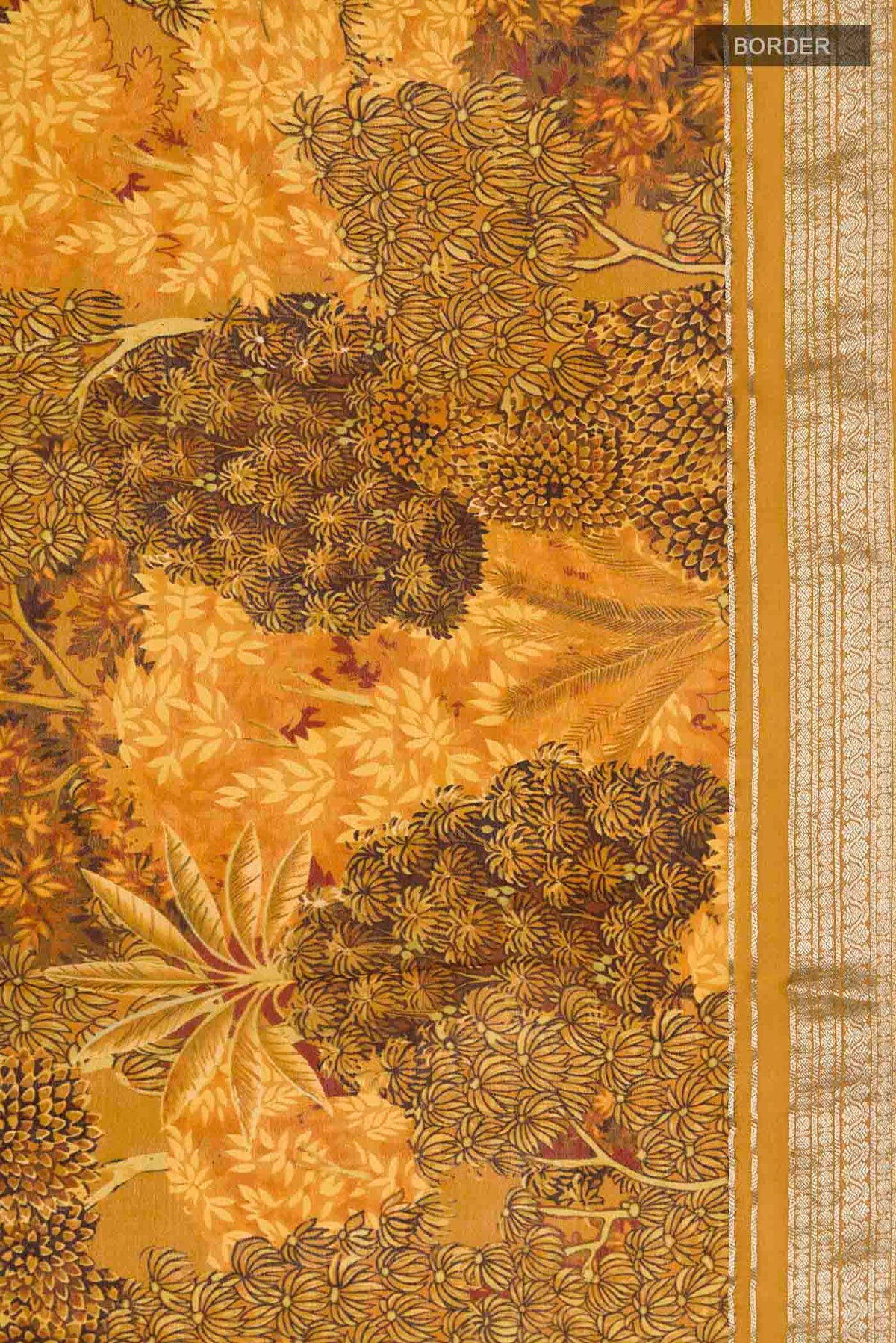 Border image of Mustard Mysore Crepe Saree with Printed design on the body and Zari Border