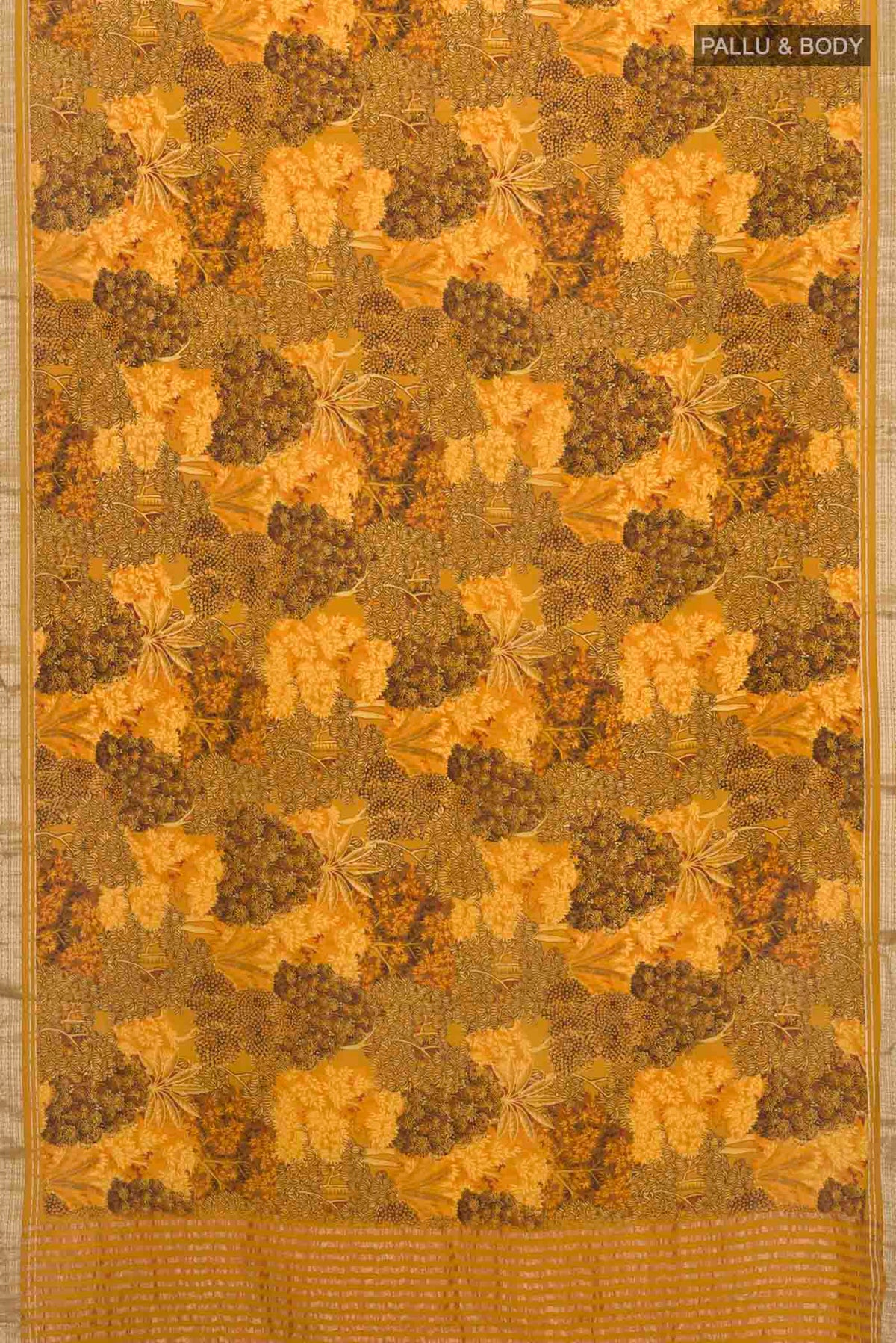 Flat view of Mustard Mysore Crepe Saree with Printed design on the body and Zari Border