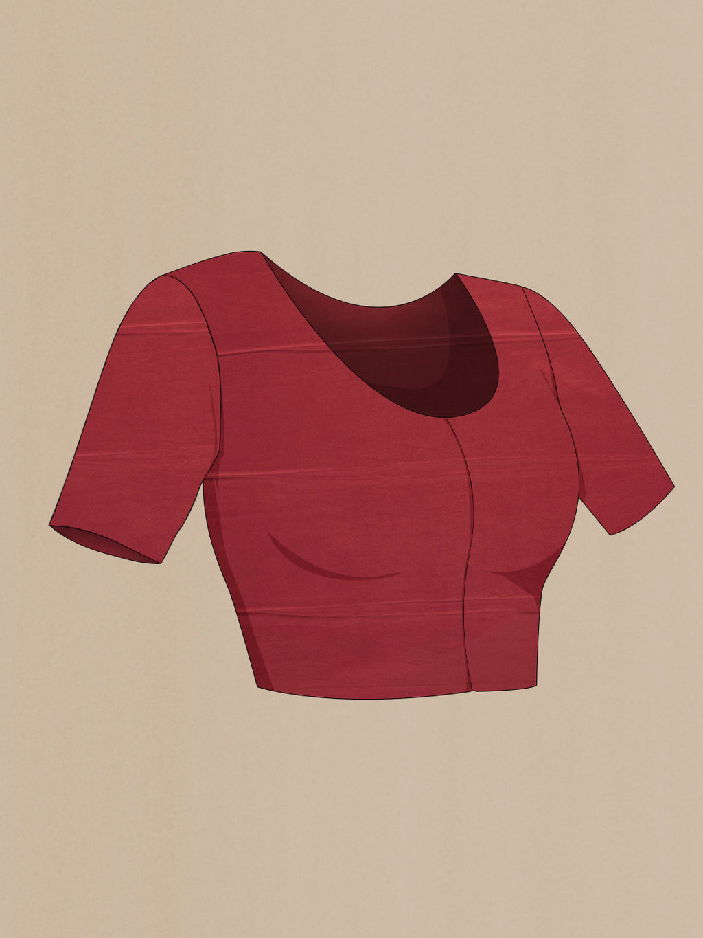 Close up image of the blouse of Maroon Dual Tone Crepe Saree with Printed design on the body and Zari Border. 
