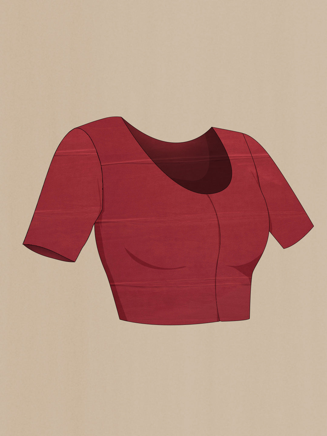 Close up image of the blouse of Maroon Dual Tone Crepe Saree with Printed design on the body and Zari Border. 