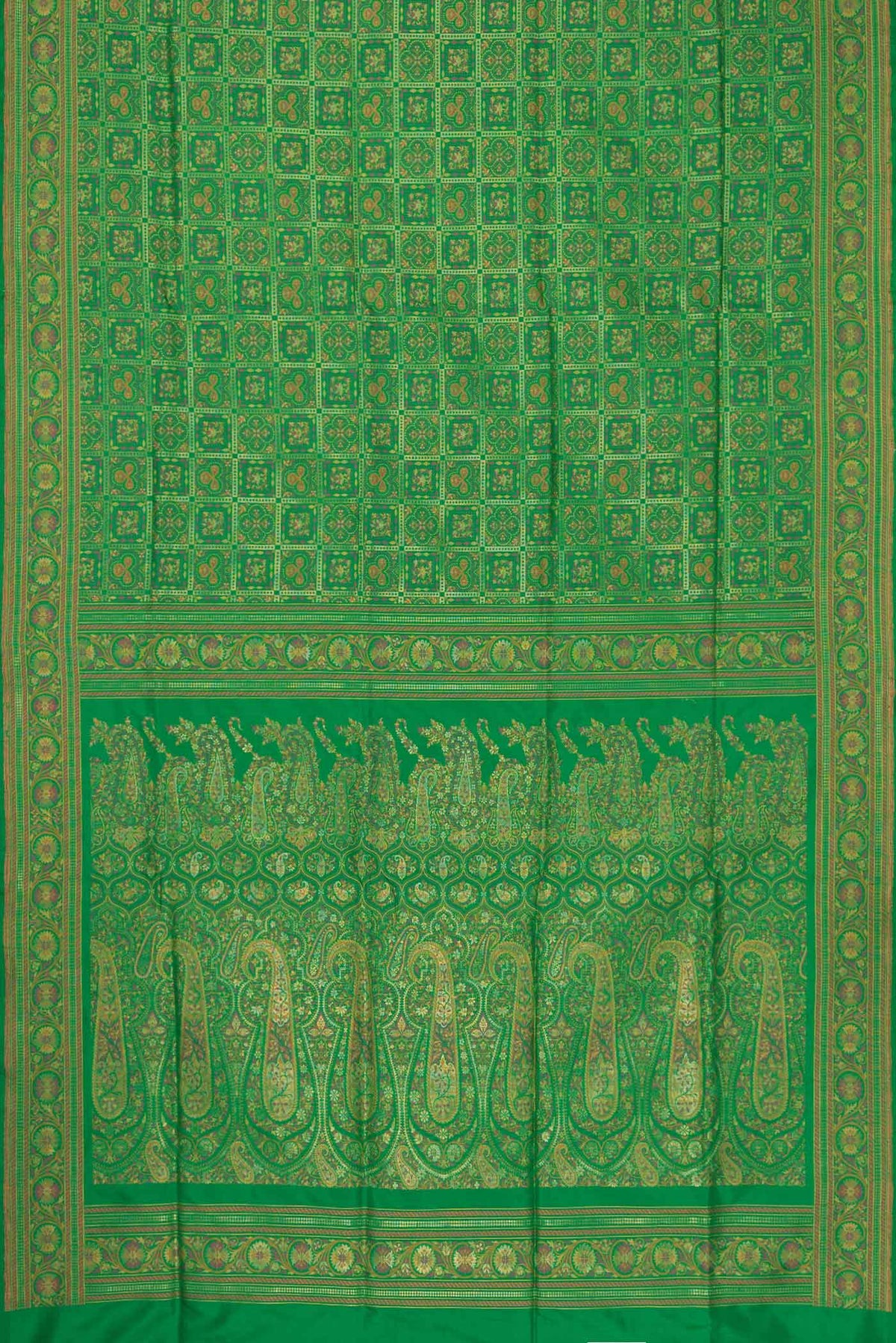 Flat view of Green Dual Tone Banarasi Silk Saree with Zari Brocade on the body and Zari Border